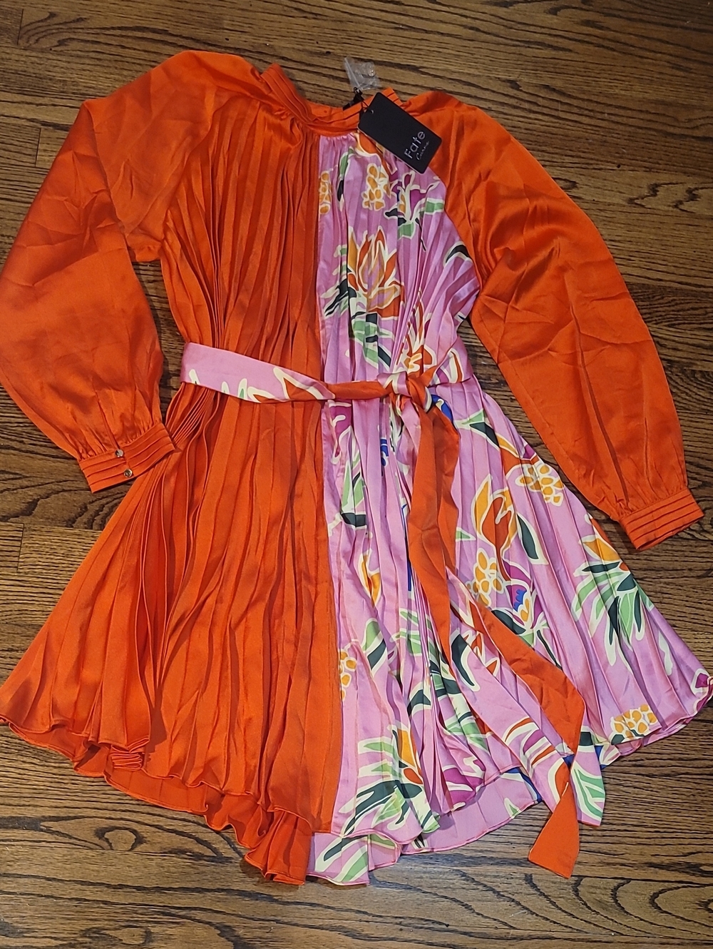 Fate Orange & Pink Floral Pleated Midi Dress